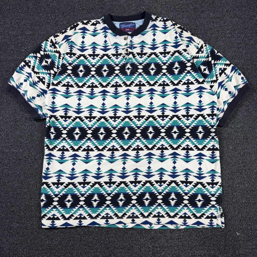 Vintage Wrangler Aztec Henley Shirt Mens XXL Short Sleeve Southwestern Teal Navy
